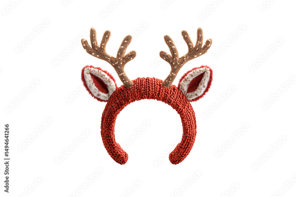 Knitted red reindeer headband with brown antlers and white-lined red ears, isolated on a transparent background