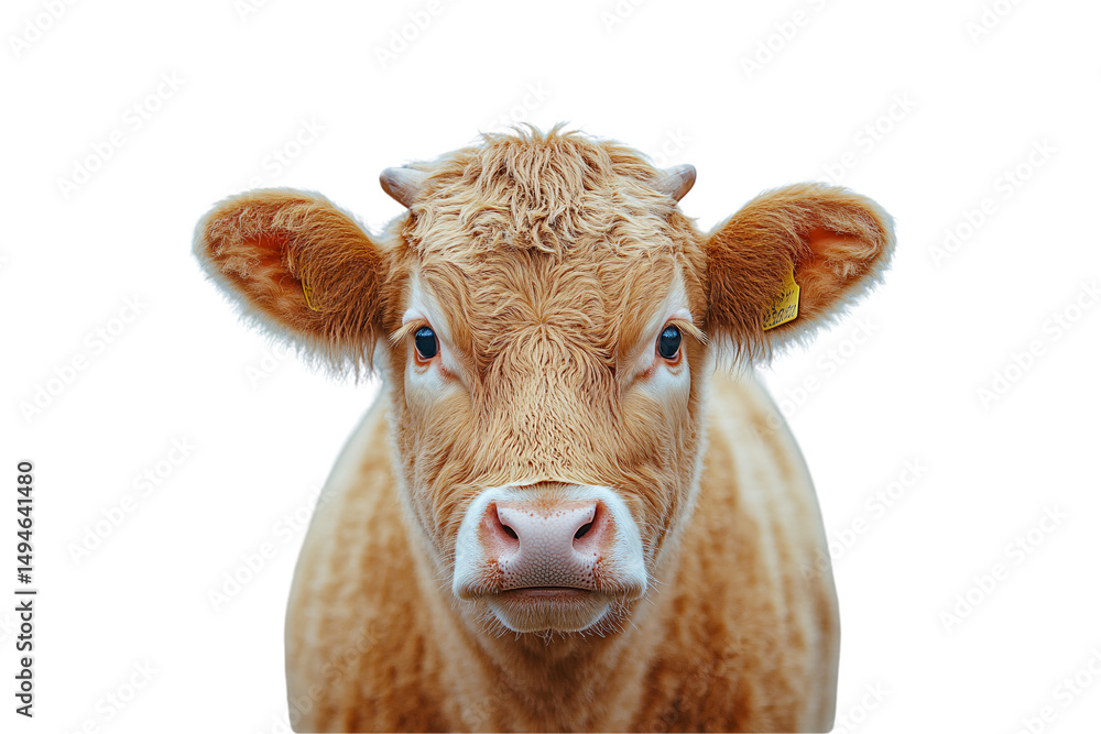 Light brown cow with fluffy fur, yellow ear tag, and large expressive eyes, isolated on a transparent background