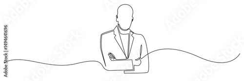 continuous line drawing of bald man.one line drawing of bald boss in suit folding hands.line art vector illustration
