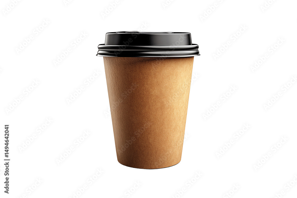 Plain kraft paper coffee cup with simple black lid design, no markings, isolated on a transparent background