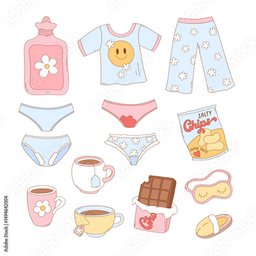 Pastel Cartoonish Menstrual Period Essentials Cozy Bed Day pyjamas hot water bottle chocolate chips hand drawn Vector Clipart Set isolated on white. Woman health day and menstrual awareness design