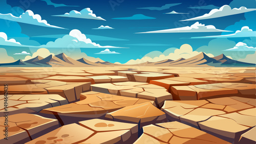 Deep cracks split the arid desert floor as scattered clouds drift lazily across the pale blue sky