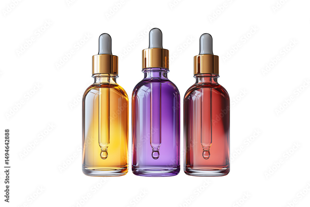 Three elegant essential oil bottles in amber, purple, and red with gold droppers, isolated on a transparent background