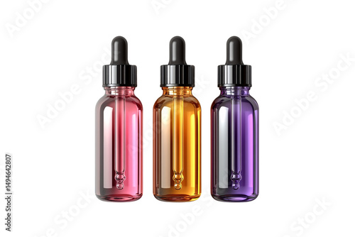 Three colorful dropper bottles in pink, amber, and purple with silver caps, isolated on a transparent background