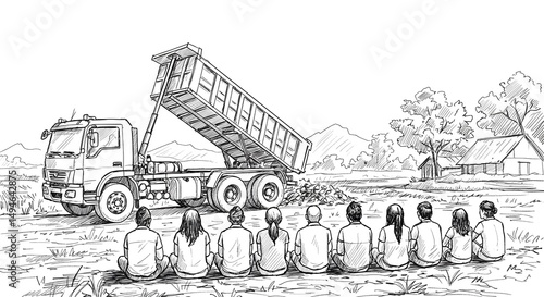 Dump Truck Unloading Waste with Group Watching - Black and White Illustration