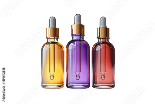 Obraz na płótnie Three elegant essential oil bottles in amber, purple, and red with gold droppers, isolated on a transparent background w salonie
