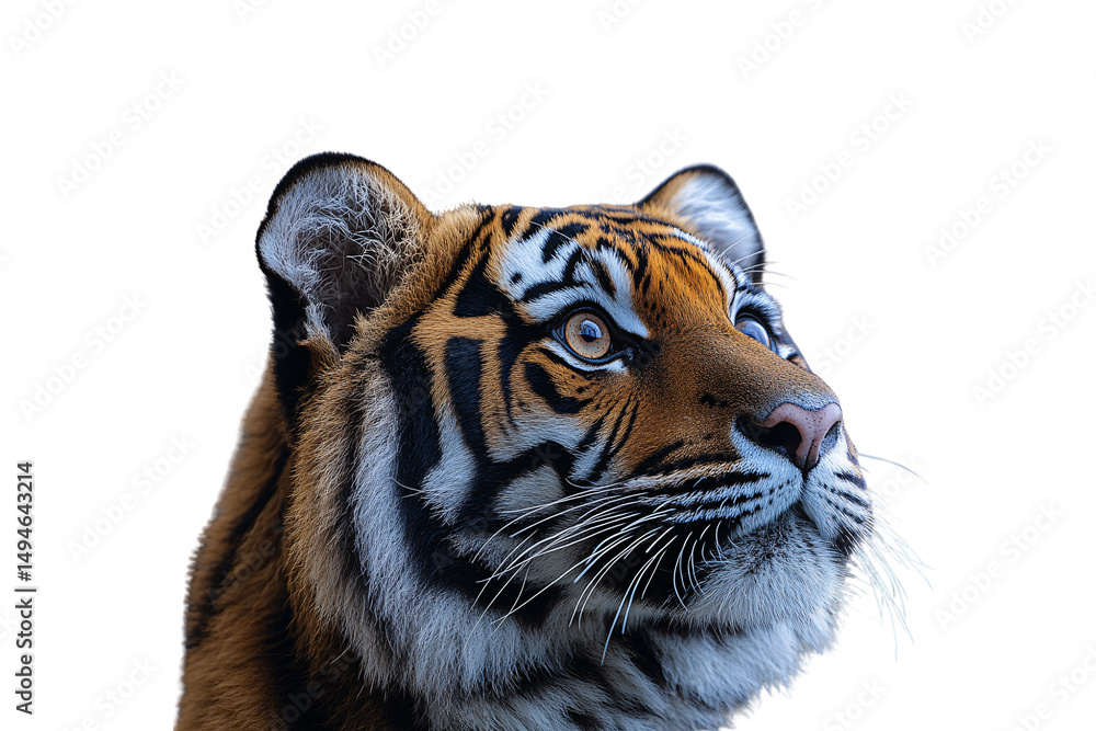 Obraz premium Tiger's head with orange and black striped fur, alert eyes gazing upward, isolated on a transparent background