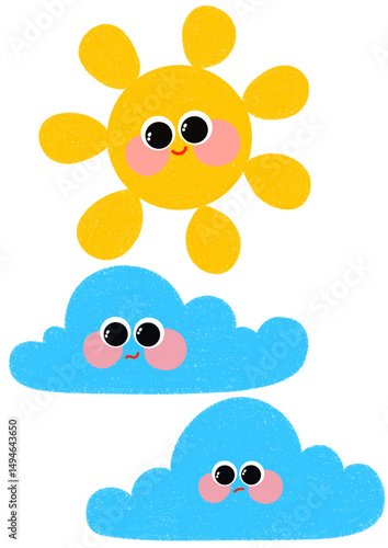 Cute smiling sun and cloud. Happy smiling sun, funny sticker, summer symbol, weather sign, logo design, childish clip art
