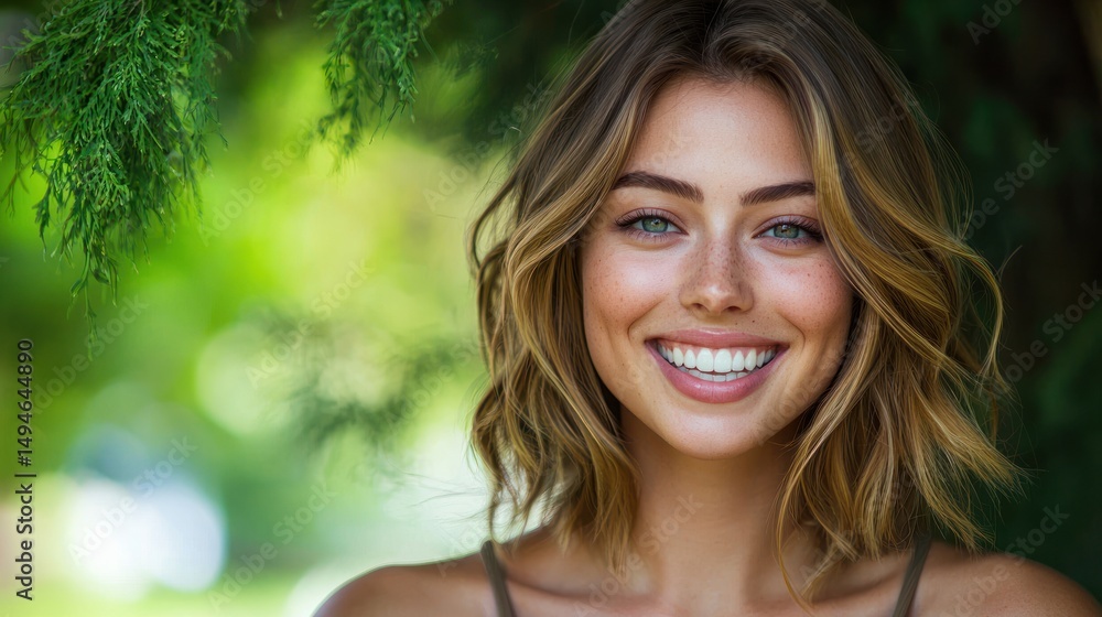 Naklejka premium A young woman with long, wavy hair smiling outdoors in a park.