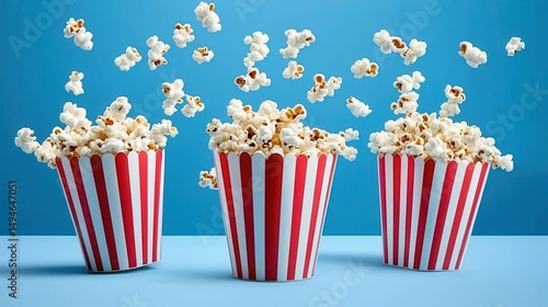 Delicious Popcorn in Striped Buckets Flying Against Blue Background