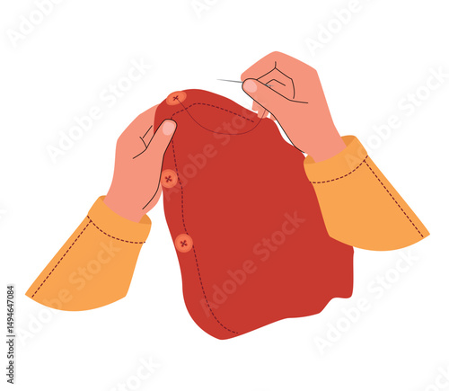 Hands sewing a red buttoned garment with a needle and thread. A cozy craft scene with yellow sleeves, ideal for DIY, handmade, or sewing themed illustrations. Vector illustration