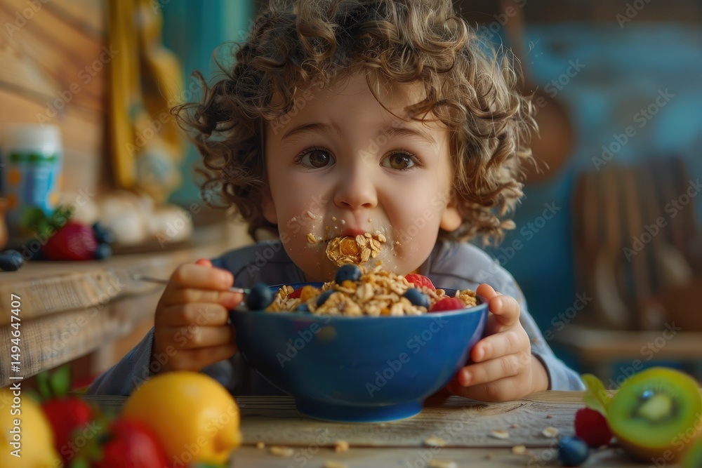 Child Eating Aa in Bowl with Crunchy Granola and Fresh Fruits Smearing Himself with Fun Child Eating Aa in Bowl with Crunchy Granola and Fresh Fruits Smearing Himself with Fun