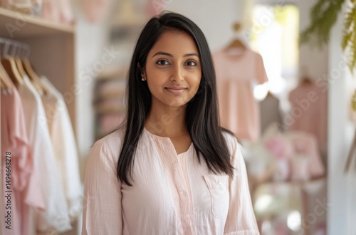 Close-up of a refined Indian retail assistant in a modern baby clothing boutique