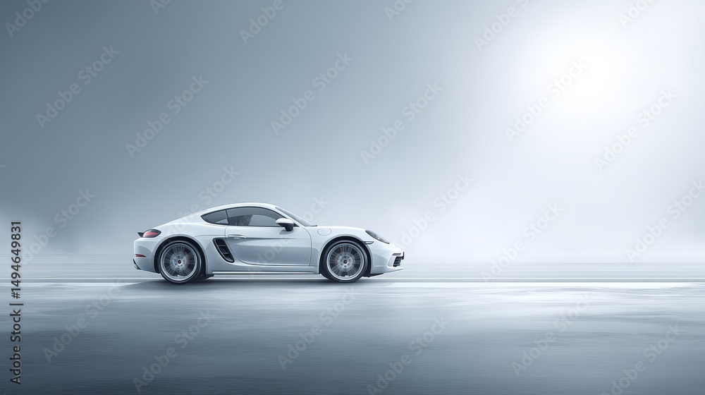 Obraz premium A sleek white sports car driving through a misty landscape, showcasing modern design.