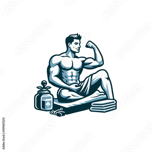 Colorful Flat Outline Bodybuilder Spa Scene Showing Muscle Man Relaxing in Steam Room for Gym Wellness Fitness Recovery Health Poster or Athlete Selfcare Vector Style Illustration