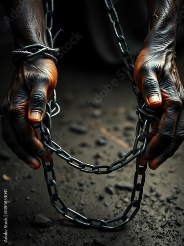 Hands and feet of a slave entangled in iron chains. An attempt to break free from slavery. The symbol of slave labor. Hands in chains
