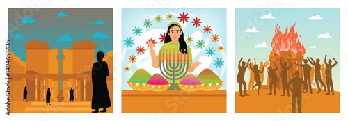 Worshipers at a Sun Temple. Woman and Menorah. Silhouettes Gather Around a Bonfire.