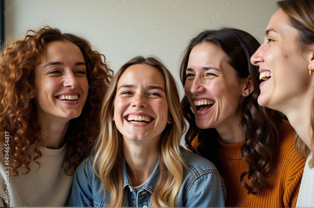 Fototapeta premium Group of women sitting together on a couch, smiling and laughing.