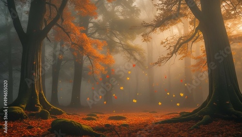A serene foggy autumn day in a dense forest, with warm golden sunlight filtered through the mist, illuminating the vibrant orange, yellow, and crimson leaves that fall silently from towering trees, th