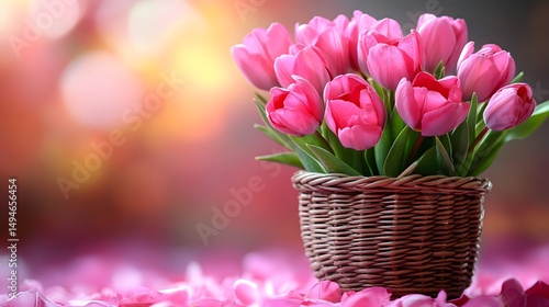 A charming arrangement of vibrant pink tulips in a wicker basket, set against a colorful bokeh backdrop