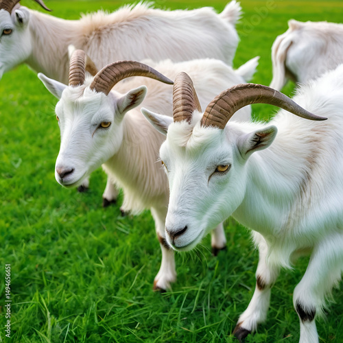 Goats.- A herd of goats, bearded goats grazing in a green meadow. they are grazing the grass. young goats with horns, a collective farm herd. Close-up. wildlife. The concept of animal husbandry on the photo