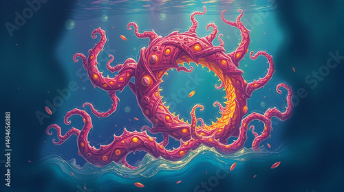 In a cellulose nitrate negative realm a hydra wanders under a lofi rainbow. Hydra. Illustration