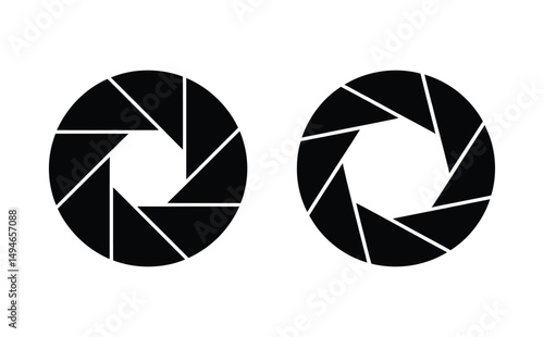 Two Black Camera Aperture Diaphragm Icons with Variable Blade Openings on White Background