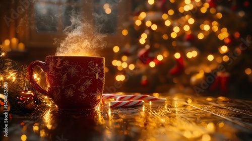 Steaming drink by Christmas tree; cozy, warm, festive