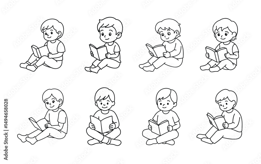 Different style Boys Reading Books silhouette vector illustration. Different style Boys Reading Books silhouette vector illustration.