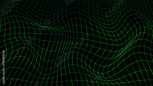 3d distorted wireframe grid warp template design vector illustration background. Empty 3 dimension virtual mesh with perspective wireframe grid geometric sketch. Cyber virtual line wavy frame.