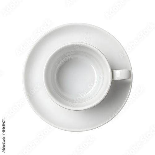 White porcelain tea cup and saucer set on black background top down view on transparent background