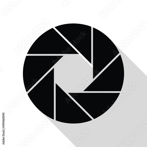 Black Camera Aperture Icon with Shadow on White Background, Lens Diaphragm