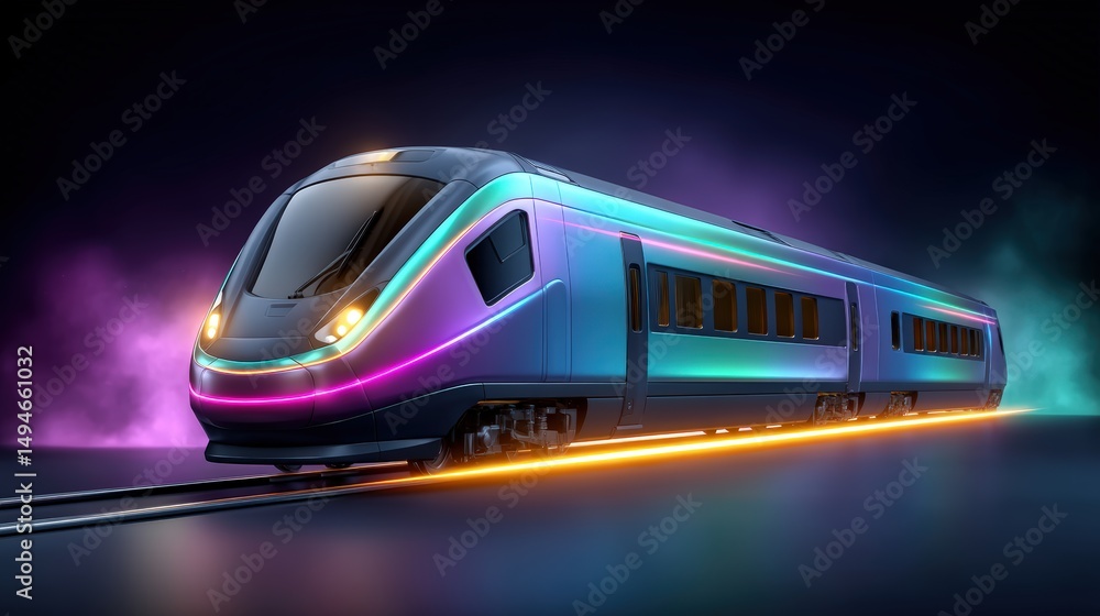 Naklejka premium A sleek bullet train with an iridescent shifting color body and transparent canopy cockpit, glowing with neon pink and green lines, racing through an outer space nebula, trailing orange, teal, and