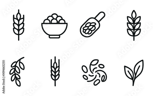 Agriculture and harvest outline icons set – farm, grain, and crop symbols