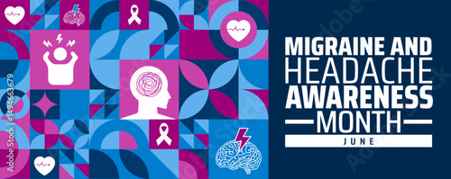 Migraine and Headache Awareness Month Geometric shape pattern background banner or poster design template. observed every year in June. Holiday concept. Use to any Template, card, poster, placard.