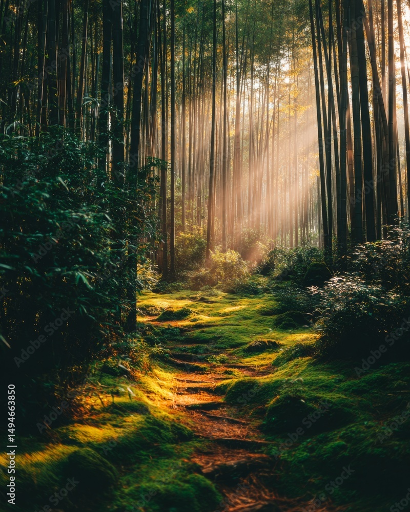 Obraz premium bamboo forest with sunbeams slicing through dense green stalks creating serene light patterns
