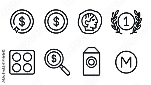 Finance and business outline icons set – line, linear, money and currency symbols