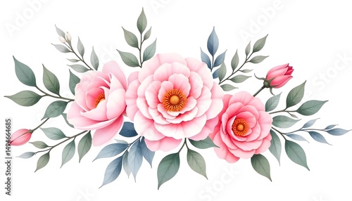 A high-resolution raster illustration of a watercolor floral composition, hand-painted style. Soft pastel tones with detailed petals and leaves, arranged artistically. Clipping path included, isolated