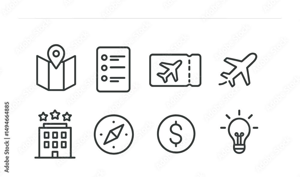 Travel and tourism icons set - line, linear, vacation planning symbols Travel and tourism icons set - line, linear, vacation planning symbols