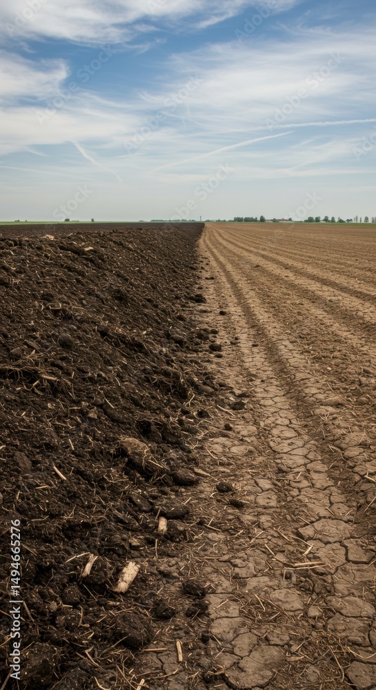 Contrasting Textures of Plowed Field and Dark Soil Pile Under a Bright Sky: Agricultural Landscape Photography Contrasting Textures of Plowed Field and Dark Soil Pile Under a Bright Sky: Agricultural Landscape Photography
