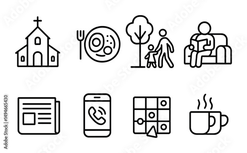 Community and daily life linear icons set – line, outline, everyday symbols and visuals