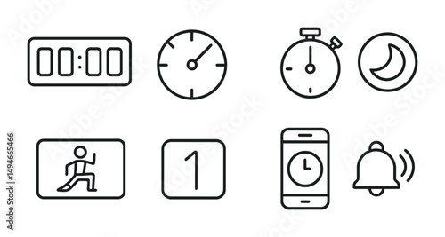 Time management linear icons set – outline, schedule, clock and alarm symbols
