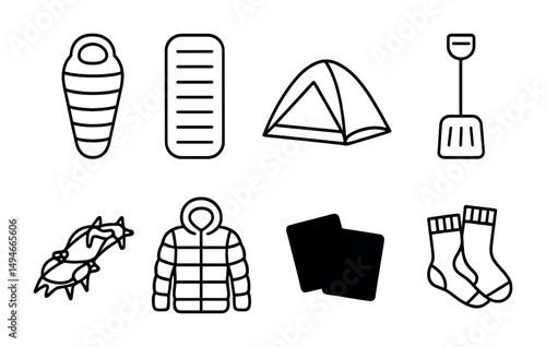 Camping essentials outline icons set – linear, outdoor adventure, hiking gear symbols