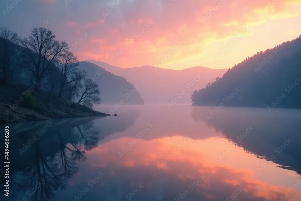 Fototapeta premium Misty dawn over tranquil lake, fog blankets hills, tranquil, mystical