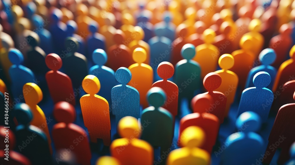 Fototapeta premium A colorful crowd of wooden figures, each with a unique color, standing in a dense, vibrant crowd against a blurred background.