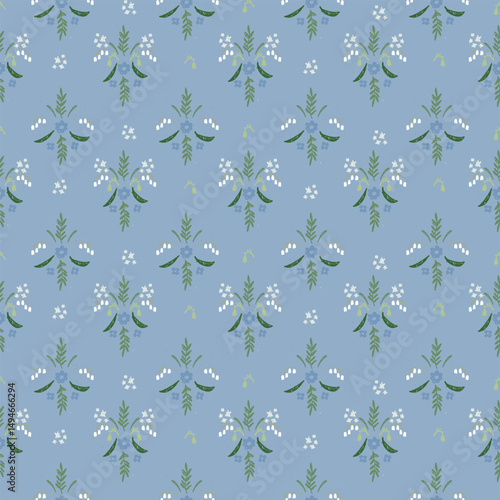 Seamless pattern with hand drawn meadow flowers. Floral Block Prints inspired by printmaking that uses wooden blocks to transfer repeating designs onto textiles.