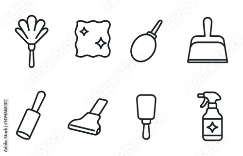 Cleaning tools outline icons set – linear, housekeeping, sanitation symbols