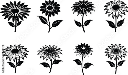Collection of black eyed Susan flower silhouette vector illustration.