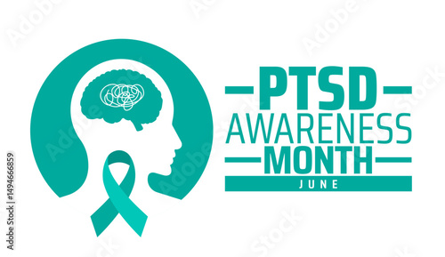 PTSD Post traumatic stress disorder Awareness Month background banner or poster design template. observed every year in June. Holiday concept. Use to any Template, card, poster, placard, template.