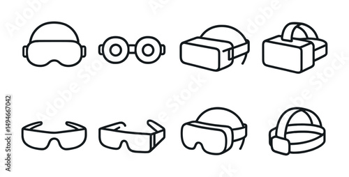 Virtual reality outline icons set – tech, headset, ar symbols for innovation